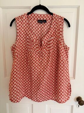 100% Linen Red-Orange Floral Sleeveless Blouse with White Flowers and Buttons